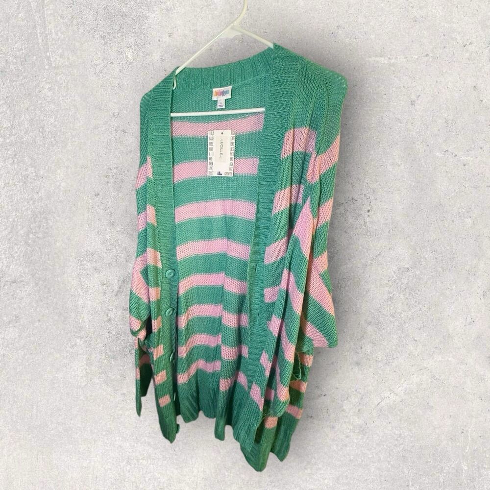 Green and Pink Striped Women's Open Cardigan Sweater